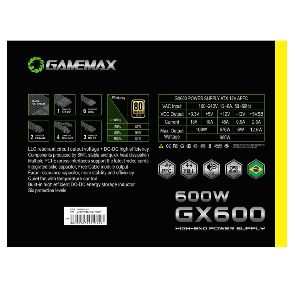 Fonte Gamemax GX600, 600W, 80 Plus Gold, PFC Ativo, Preto