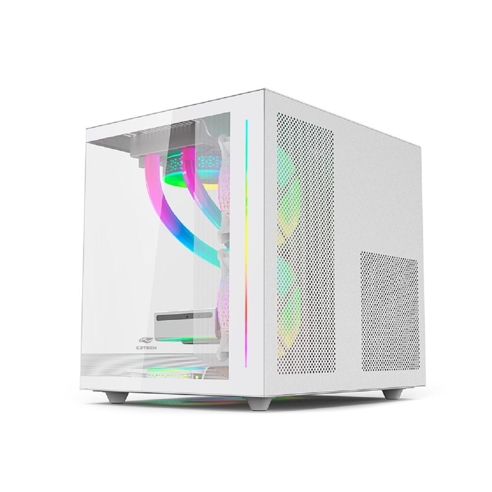 Gabinete Gamer C3Tech Aquarius, Mini Tower, Vidro Temperado, M-ATX, White, Sem Fonte, Sem Fan