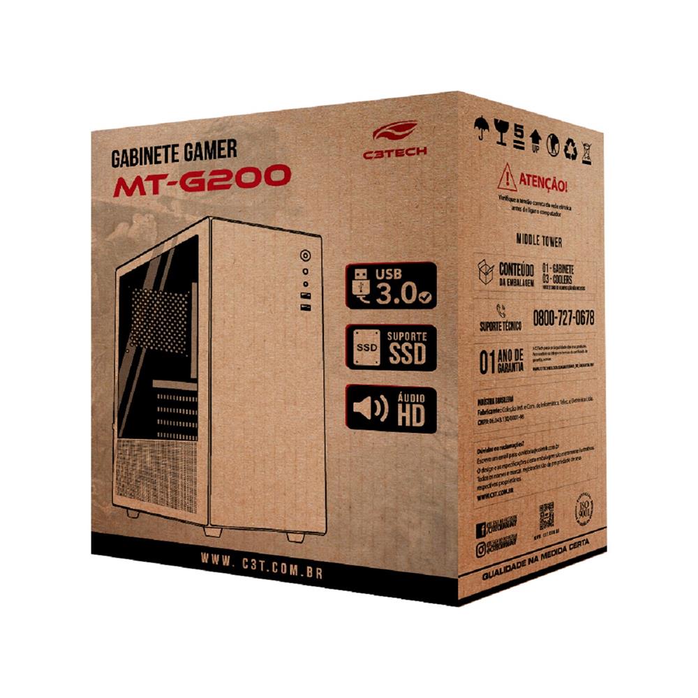 Gabinete Gamer C3Tech MT-G230BK, Mid Tower, Vidro Temperado, Sem Fonte, Com 3 Fans, ARGB, Preto