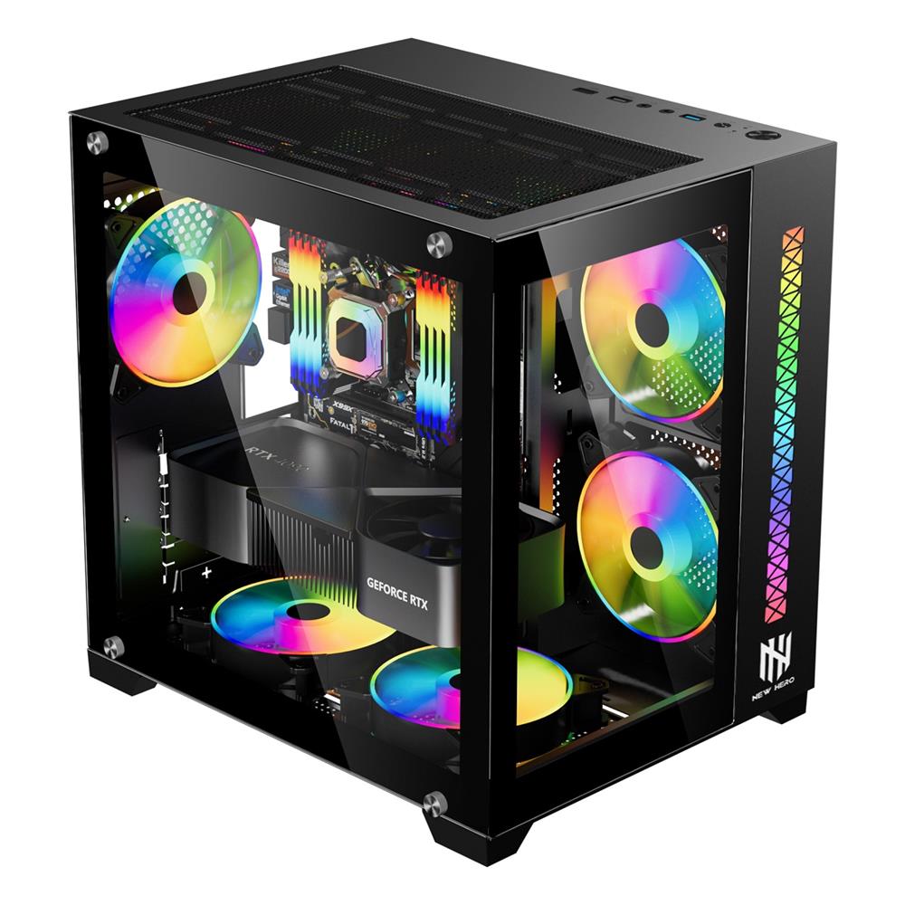Gabinete Gamer New Hero Majesty, RGB, Mid Tower, Vidro Temperado, Sem Fonte, Sem Fan, Preto