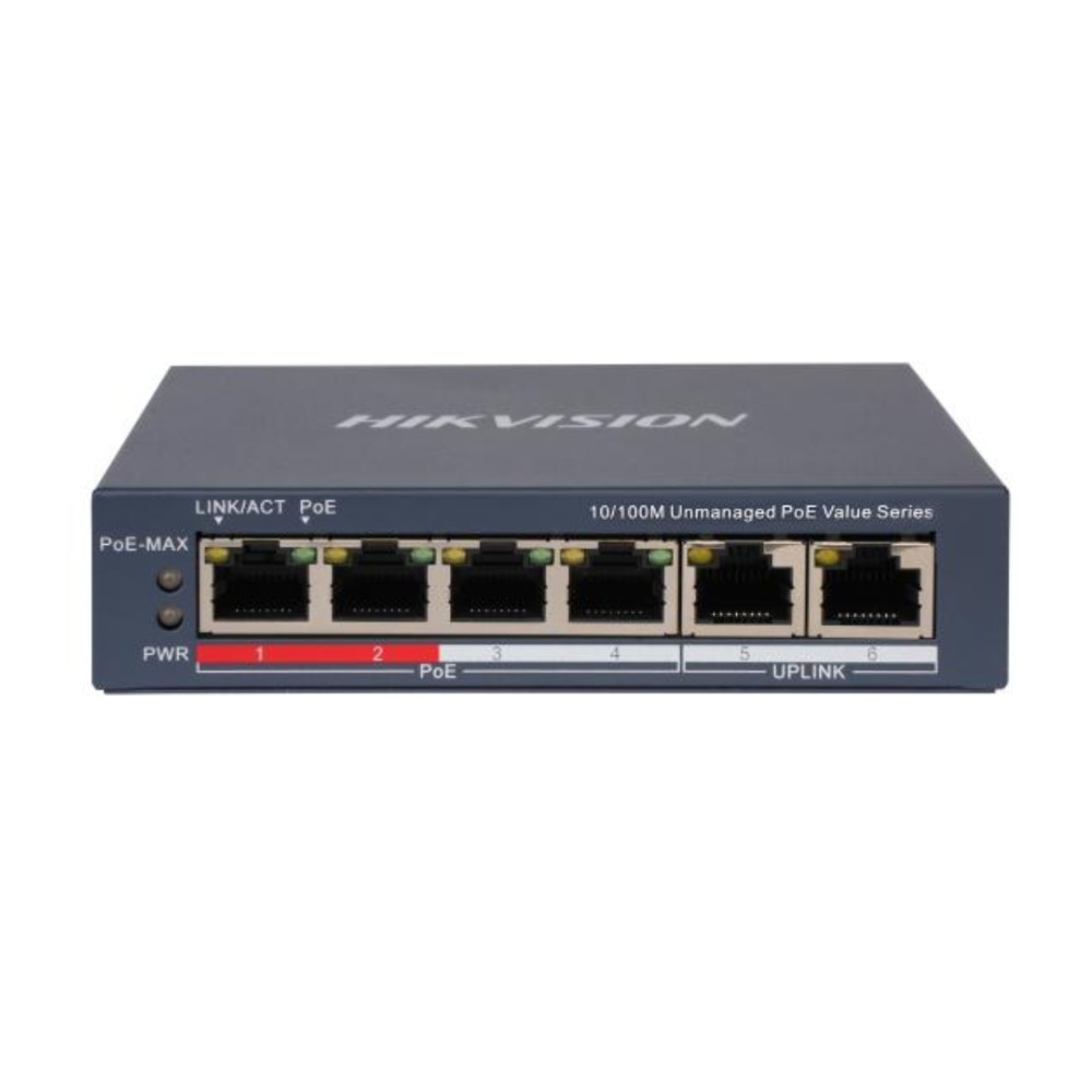 Switch PoE Hikvision , 6 Portas , 4 PoE 10/100Mbps , 2 Uplink , 60W , IEEE 802.3af/at , Não Gerenciável , DS-3E0106P-E/M(B)