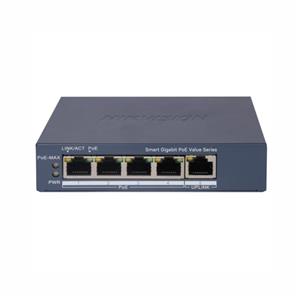 Switch Hikvision DS-3E1505P-EI/M , 4 Portas PoE+ Gigabit , 1 Uplink , 45W , Gerenciável , VLAN , Proteção 6kV , Long Range até 300m