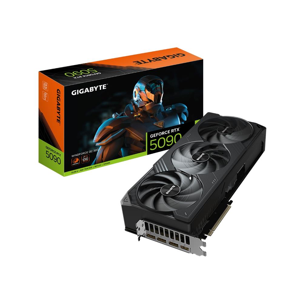 Placa de Vídeo Gigabyte GeForce RTX5090 WindForce OC, 32GB, 512-Bits, GDDR7, Ray Tracing, DLSS, HDMI, Displayport,Preto