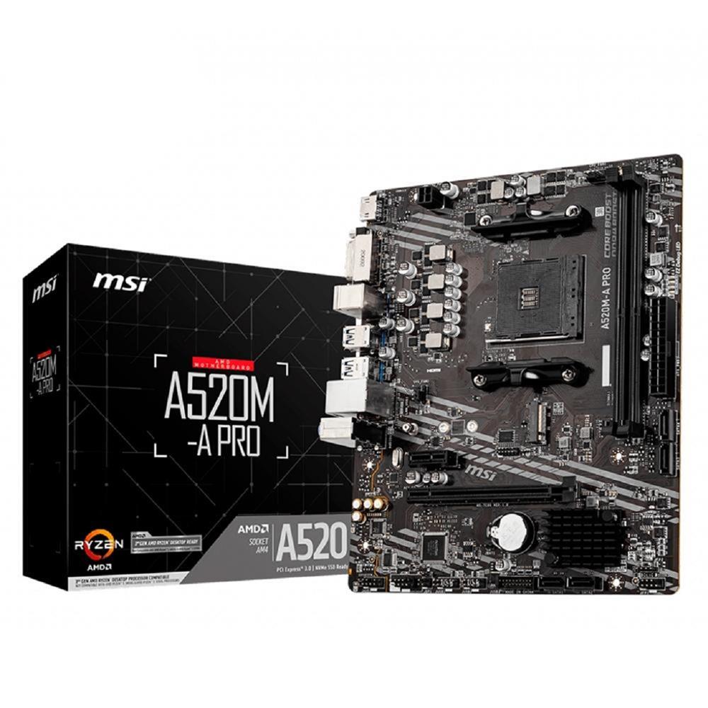 Placa Mãe MSI A520M-A Pro, Chipset A520, AM4, mATX, DDR4 OC 4400MHz, M.2 NVMe, HDMI, Suporte Ryzen 5000 Series