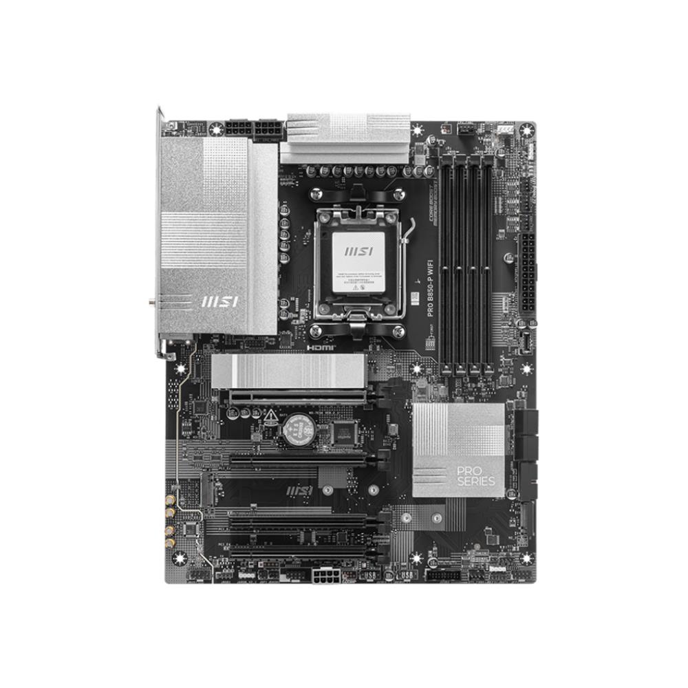 Placa-mãe MSI PRO B850-P WiFi, AM5, DDR5 até 8200MT/s, Chipset B850, M.2 PCIe 5.0, HDMI/DP, LAN 5GbE, ATX Prata, Suporte Ryzen 7000/8000/900