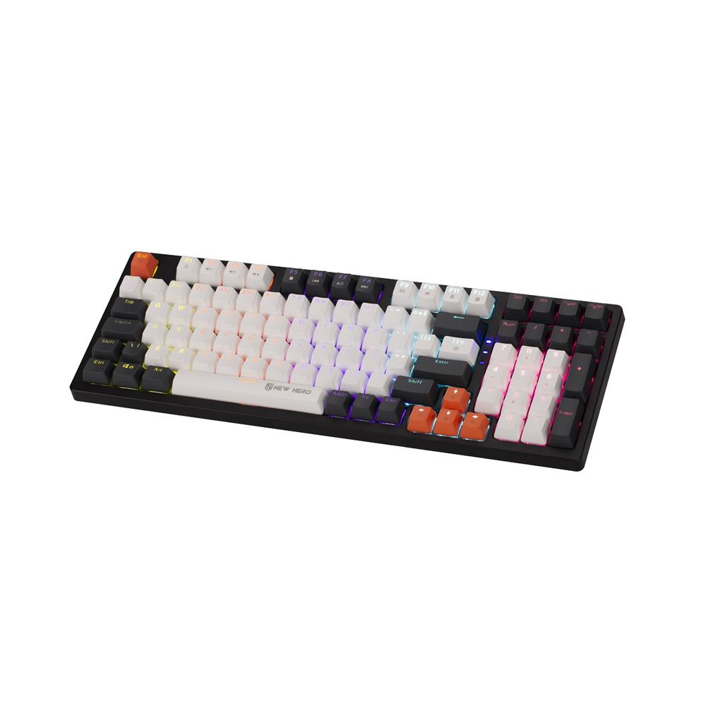 Teclado Mecânico Gamer New Hero Arkana, Rainbow, Switch Blue, ABNT, USB, Branco e Cinza