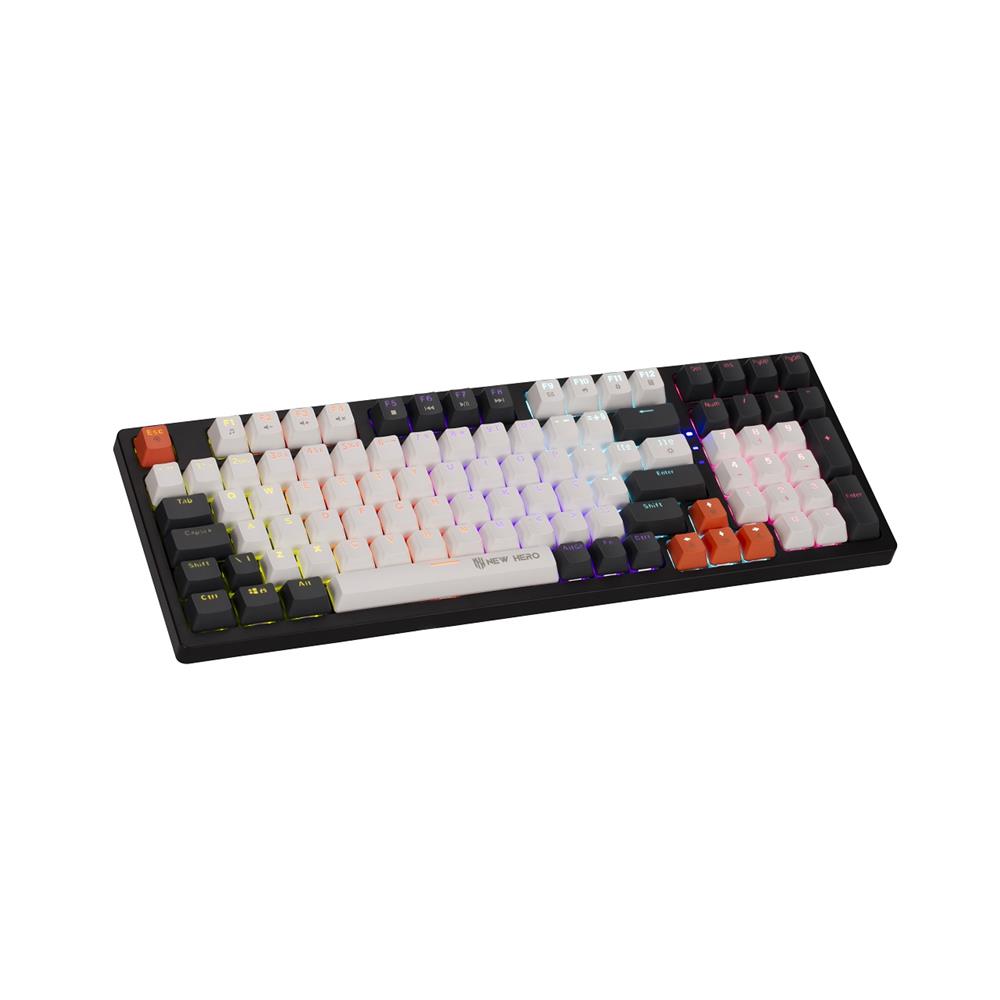 Teclado Mecânico Gamer New Hero Arkana, Rainbow, Switch Blue, ABNT, USB, Branco e Cinza