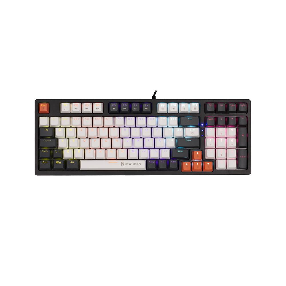 Teclado Mecânico Gamer New Hero Arkana, Rainbow, Switch Blue, ABNT, USB, Branco e Cinza