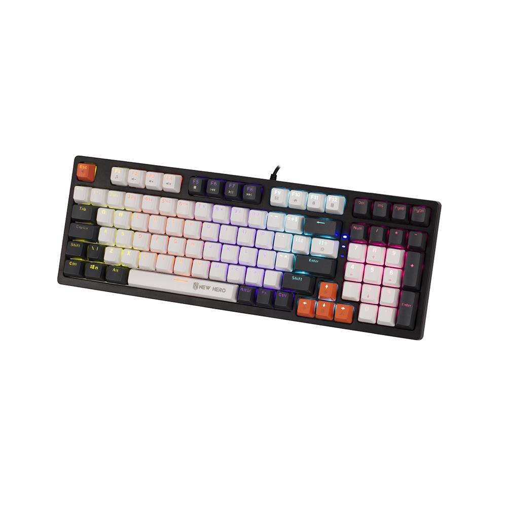 Teclado Mecânico Gamer New Hero Arkana, Rainbow, Switch Blue, ABNT, USB, Branco e Cinza