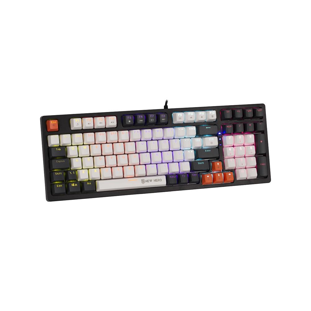 Teclado Mecânico Gamer New Hero Arkana, Rainbow, Switch Blue, ABNT, USB, Branco e Cinza