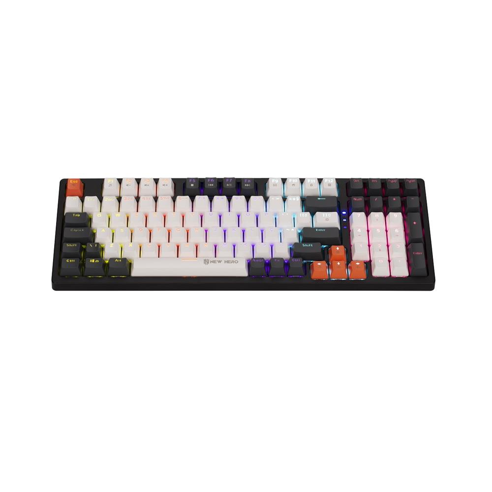 Teclado Mecânico Gamer New Hero Arkana, Rainbow, Switch Blue, ABNT, USB, Branco e Cinza