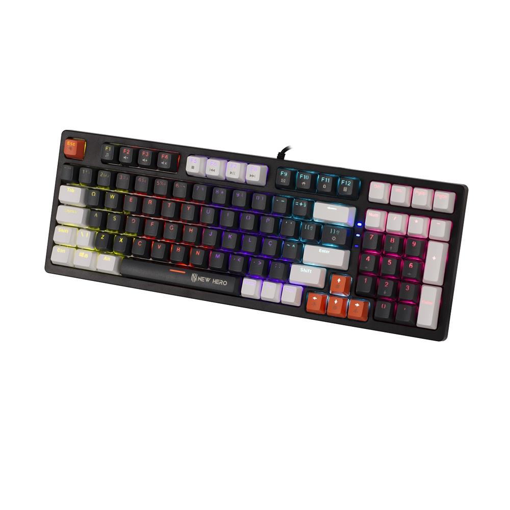 Teclado Mecânico Gamer New Hero Arkana, Rainbow, Switch Blue, ABNT, USB, Preto e Cinza