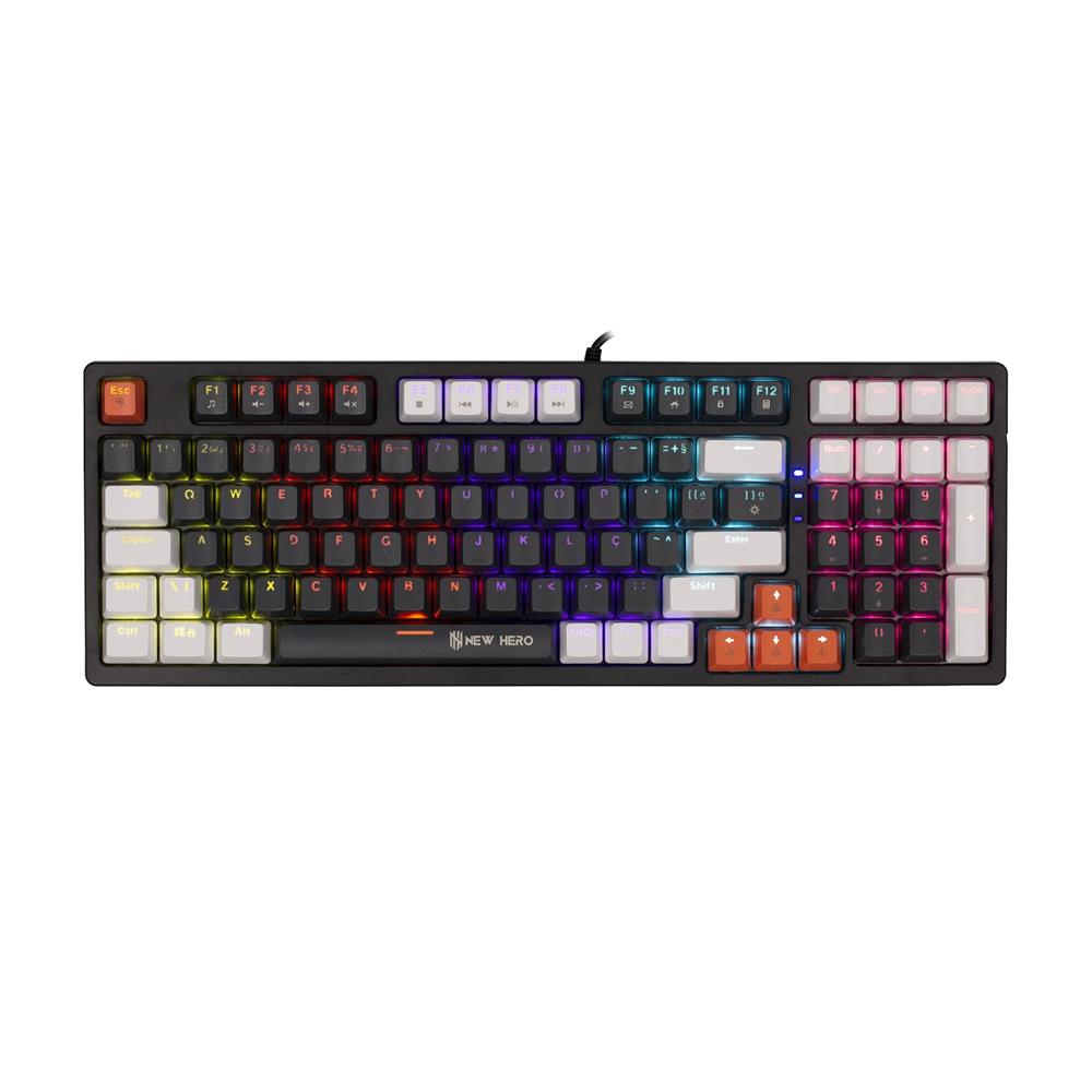 Teclado Mecânico Gamer New Hero Arkana, Rainbow, Switch Blue, ABNT, USB, Preto e Cinza