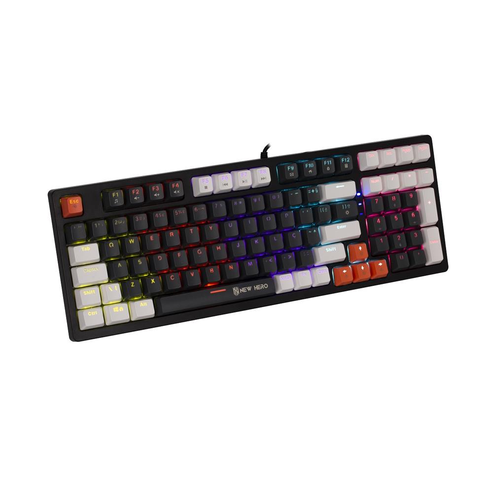 Teclado Mecânico Gamer New Hero Arkana, Rainbow, Switch Blue, ABNT, USB, Preto e Cinza