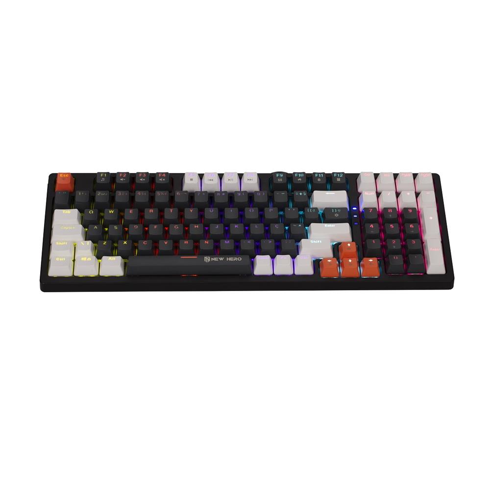 Teclado Mecânico Gamer New Hero Arkana, Rainbow, Switch Blue, ABNT, USB, Preto e Cinza