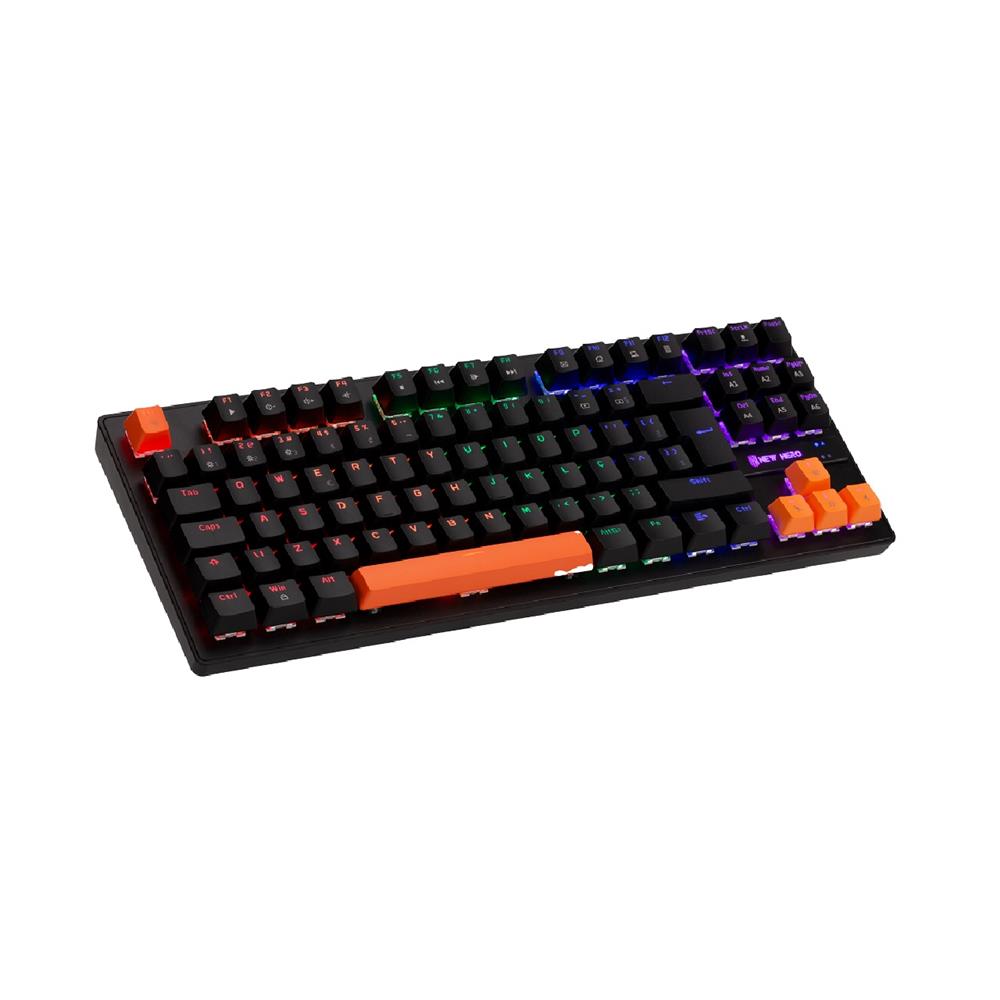 Teclado Mecânico Gamer New Hero Commander TKL, Rainbow, Switch Blue, ABNT, USB, Preto e Laranja
