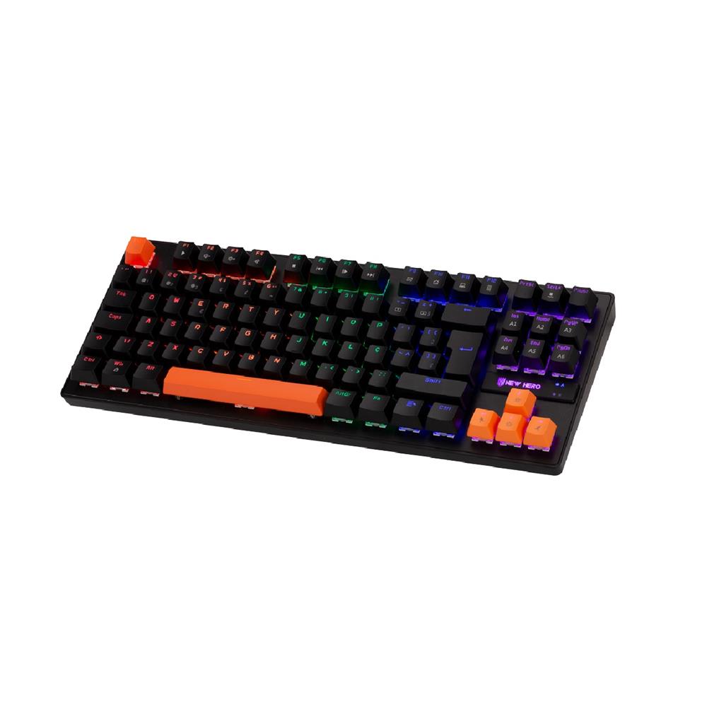 Teclado Mecânico Gamer New Hero Commander TKL, Rainbow, Switch Blue, ABNT, USB, Preto e Laranja