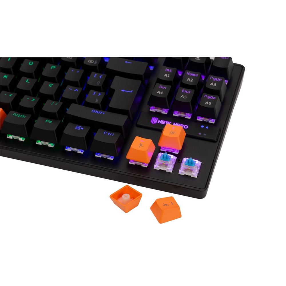 Teclado Mecânico Gamer New Hero Commander TKL, Rainbow, Switch Blue, ABNT, USB, Preto e Laranja