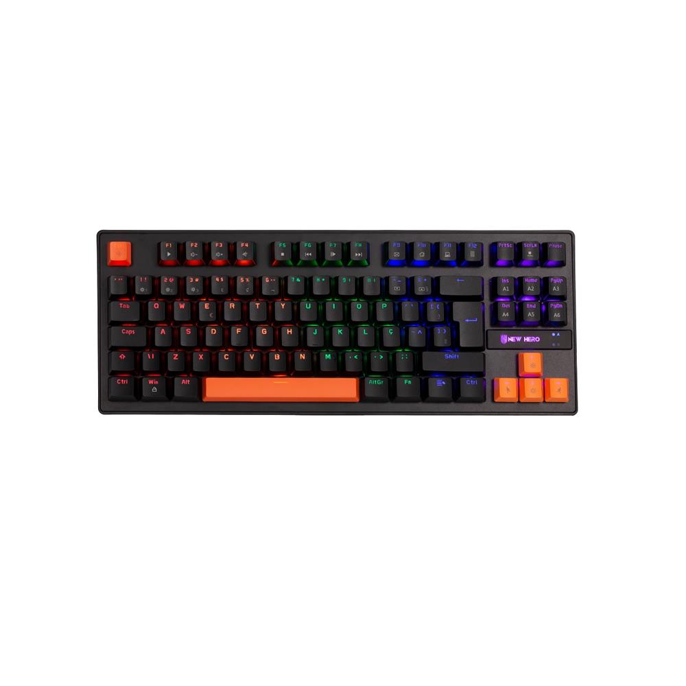 Teclado Mecânico Gamer New Hero Commander TKL, Rainbow, Switch Blue, ABNT, USB, Preto e Laranja