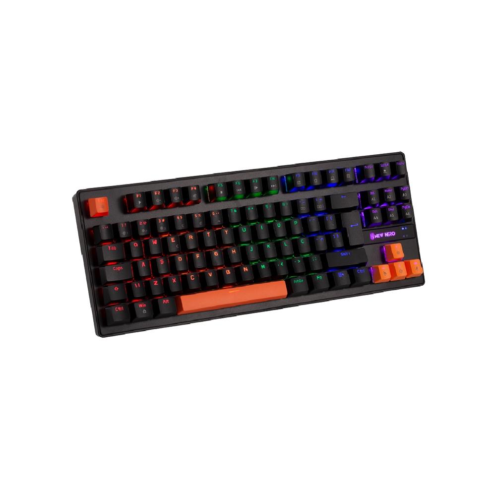 Teclado Mecânico Gamer New Hero Commander TKL, Rainbow, Switch Blue, ABNT, USB, Preto e Laranja