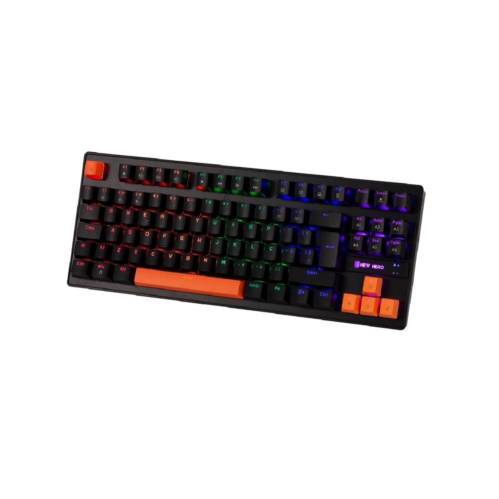 Teclado Mecânico Gamer New Hero Commander TKL, Rainbow, Switch Blue, ABNT, USB, Preto e Laranja