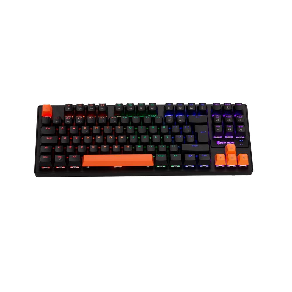 Teclado Mecânico Gamer New Hero Commander TKL, Rainbow, Switch Blue, ABNT, USB, Preto e Laranja