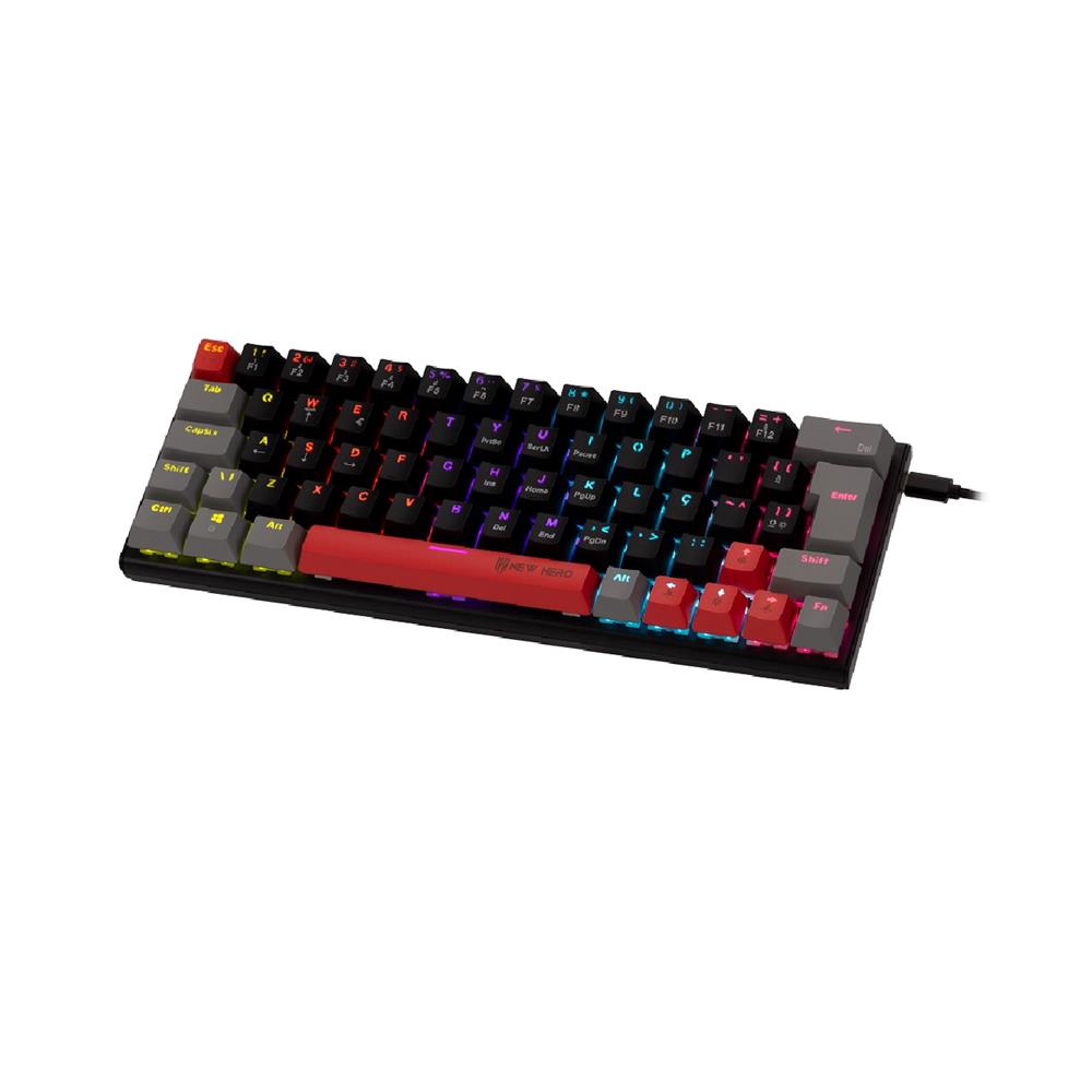 Teclado Mecânico Gamer New Hero Titan Mini 60%, RGB, Switch Blue, ABNT2, USB, Preto e Cinza