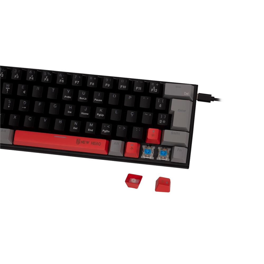 Teclado Mecânico Gamer New Hero Titan Mini 60%, RGB, Switch Blue, ABNT2, USB, Preto e Cinza
