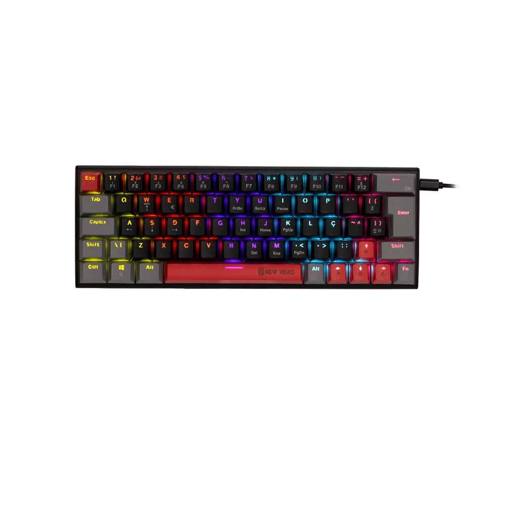 Teclado Mecânico Gamer New Hero Titan Mini 60%, RGB, Switch Blue, ABNT2, USB, Preto e Cinza
