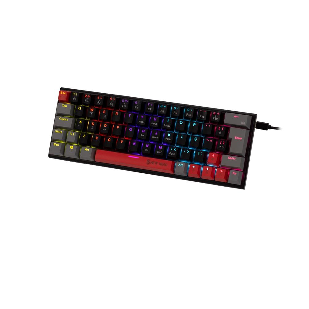 Teclado Mecânico Gamer New Hero Titan Mini 60%, RGB, Switch Blue, ABNT2, USB, Preto e Cinza