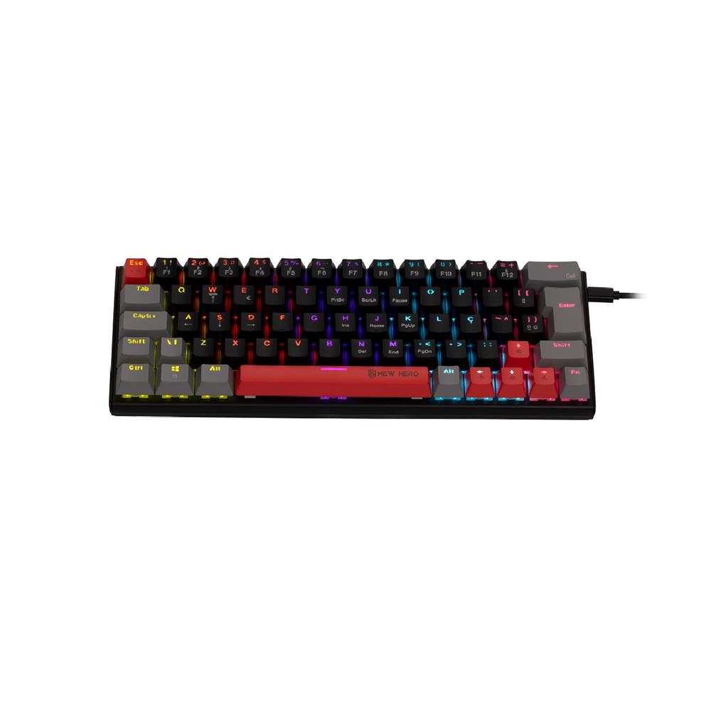 Teclado Mecânico Gamer New Hero Titan Mini 60%, RGB, Switch Blue, ABNT2, USB, Preto e Cinza