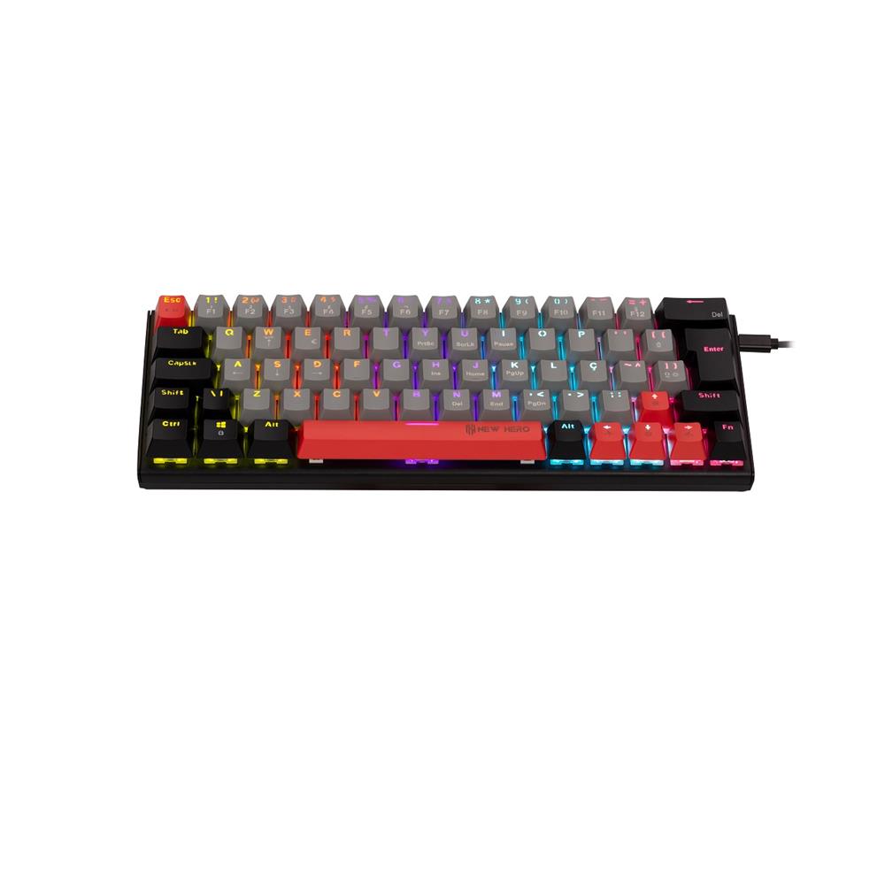 Teclado Mecânico Gamer New Hero Titan Mini 60%, RGB, Switch Blue, ABNT2, USB, Cinza e Preto