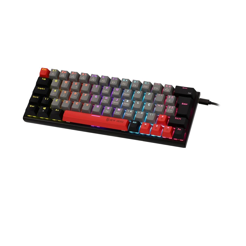 Teclado Mecânico Gamer New Hero Titan Mini 60%, RGB, Switch Blue, ABNT2, USB, Cinza e Preto