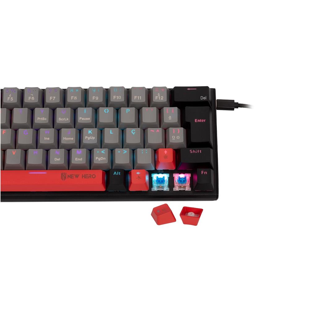 Teclado Mecânico Gamer New Hero Titan Mini 60%, RGB, Switch Blue, ABNT2, USB, Cinza e Preto