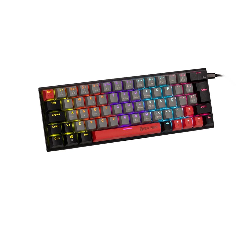 Teclado Mecânico Gamer New Hero Titan Mini 60%, RGB, Switch Blue, ABNT2, USB, Cinza e Preto